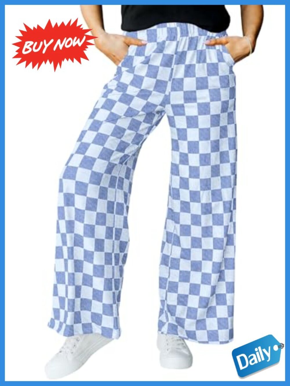 Womens Casual Loose Checkered Wide Leg High Waist Lounge Trousers